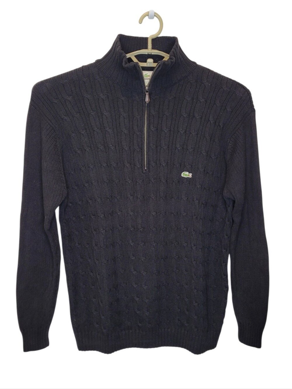 Lacoste Mens 1/4 Zip Wool Cotton Cableknit Sweater 7/US XXL Black